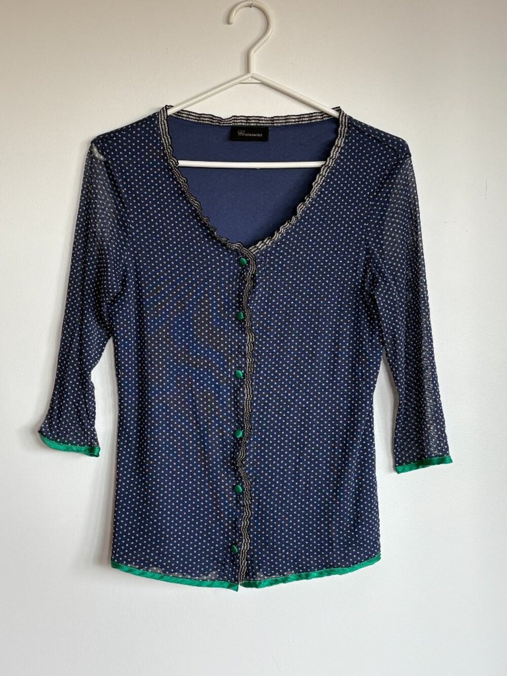 100% Silk Polka Dot Button Down 3/4 Sleeve Top